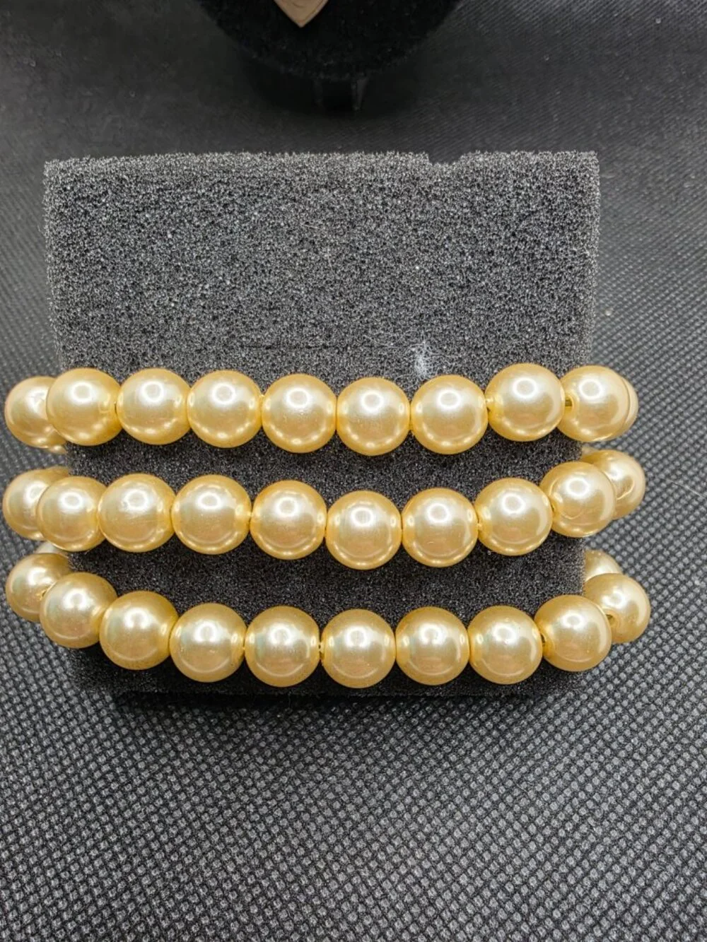 Vintage 3 Strand Faux Pearl Stretch Bracelet Amber Rhinestone Starburst Flower